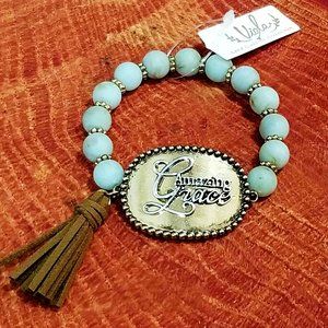 Bracelet. Amazing Grace. Mint Beaded. Brown Faux Suede Tassel. NWT